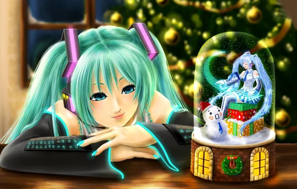 Картинка девушка, снег, елка, новый год, ель, снеговик, vocaloid, hatsune miku, сувенир