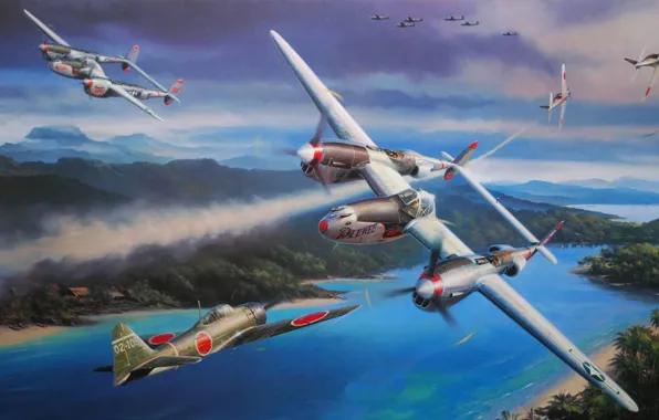 Картинка война, рисунок, Lockheed P-38 Lightning, океания, Nicolas Trudgia