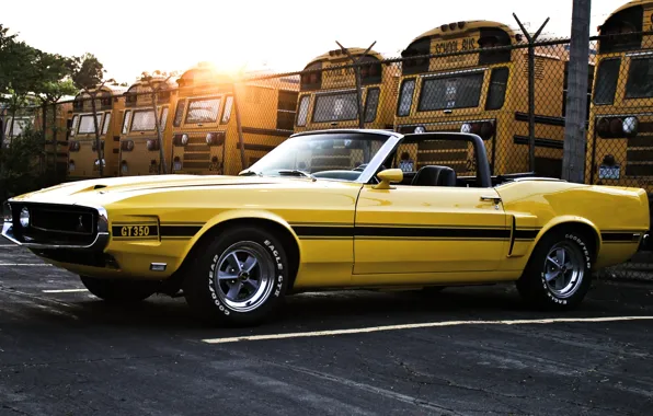 Картинка небо, солнце, желтый, забор, Shelby, mustang, мустанг, 1969, кабриолет, ford, мускул кар, форд, вид сбоку, …