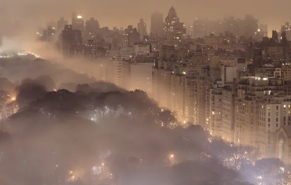 Картинка ночь, город, огни, туман, города, пейзажи, здания, Нью-Йорк, New York, central park, центральный парк