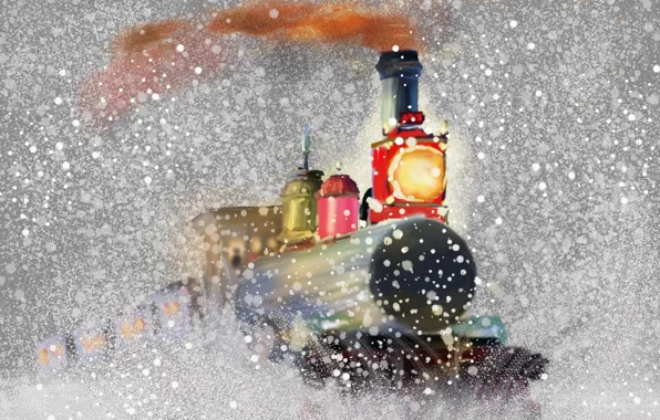 Картинка снег, праздник, паровоз, картина, рождественский экспресс