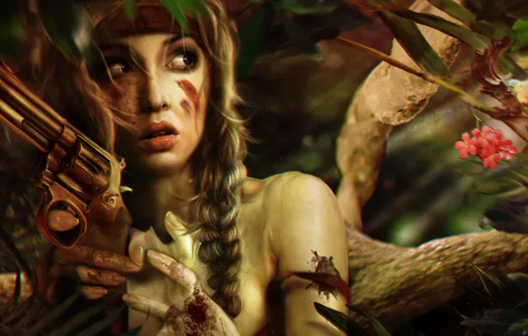 Картинка девушка, деревья, лицо, оружие, страх, фантастика, кровь, волосы, косички, револьвер