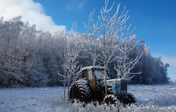 Картинка зима, поле, деревья, пейзаж, природа, трактор