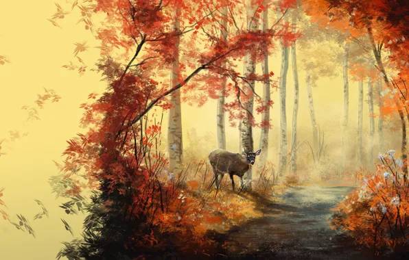 Картинка осень, лес, листья, деревья, животное, арт, дорожка, живопись