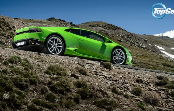 Картинка Lamborghini, Top Gear, Green, Supercar, Rear, Huracan, LP610-4, Mountain Road