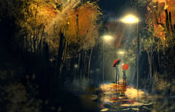 Картинка женщина, зонт, Дождь, фонарь, мужчина