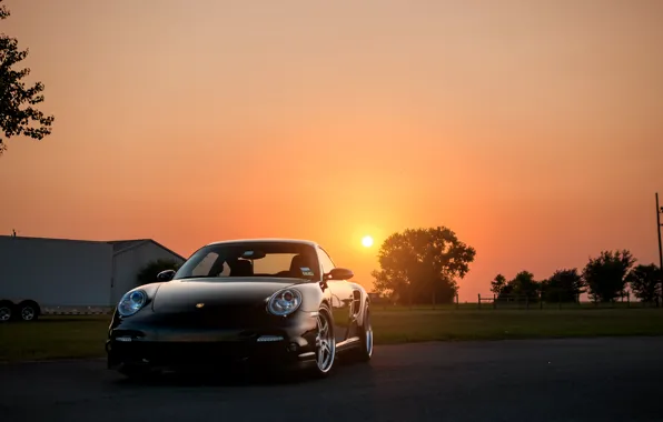 Картинка солнце, чёрный, 911, 997, Porsche, порше, black, блик, front, Turbo