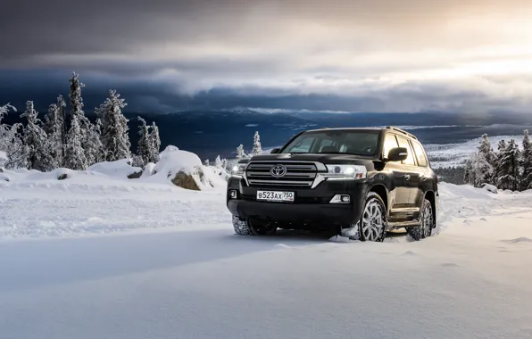 Картинка снег, черный, внедорожник, Toyota, Black, тойота, ланд крузер, Land Cruiser 200