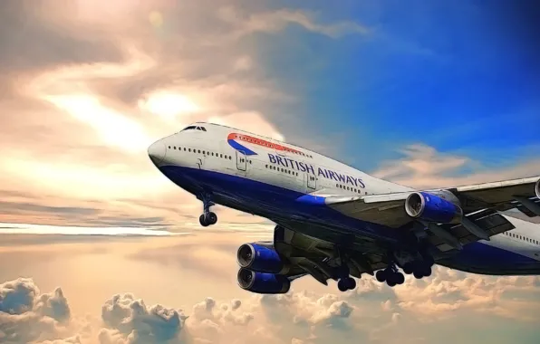 Картинка Небо, Облака, Рисунок, Самолет, Аэропорт, Boeing, Боинг, 747, Пассажирский, Авиалайнер, British Airways, В Вохдухе, Суровые …