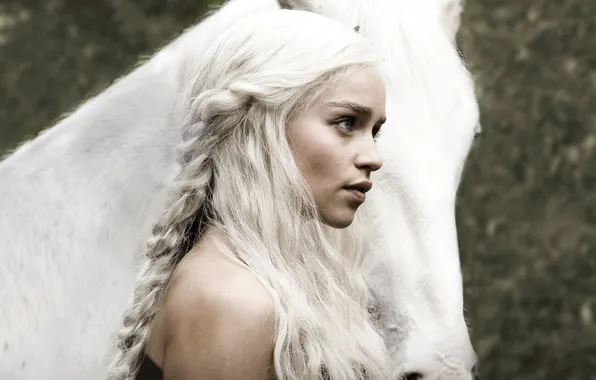 Картинка девушка, волосы, лошадь, актриса, Game of Thrones, Кхалиси, Игра престолов, Emilia Clarke, Daenerys Targaryen