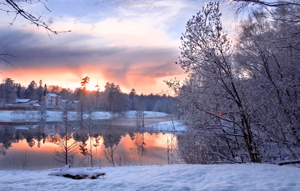 Картинка холод, зима, лес, небо, облака, снег, деревья, пейзаж, пруд, сияние, берег, горизонт, домики, Winter pond