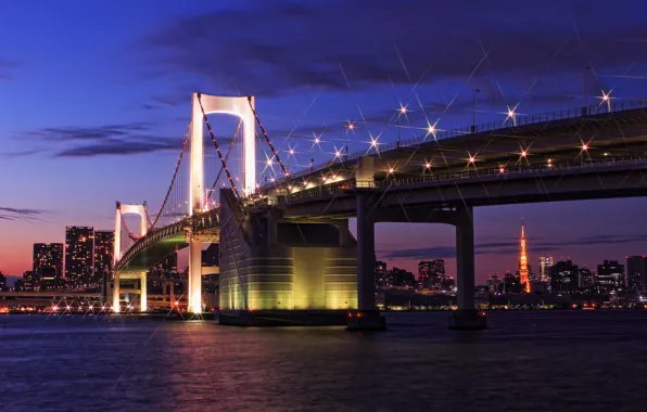 Картинка небо, облака, закат, мост, огни, здания, башня, дома, вечер, Япония, освещение, Токио, фонари, залив, Tokyo, …