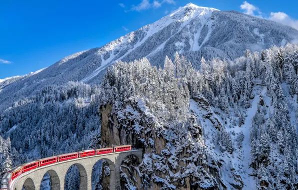 Картинка зима, снег, горы, поезд, Швейцария, ели, Альпы, железная дорога, кантон Граубюнден, виадук Ландвассер