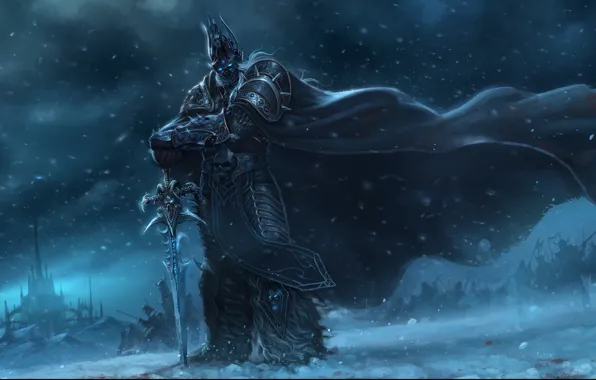 Картинка снег, замок, ветер, меч, армия, воин, арт, World of Warcraft, плащ, arthas, Chao Yuan Xu