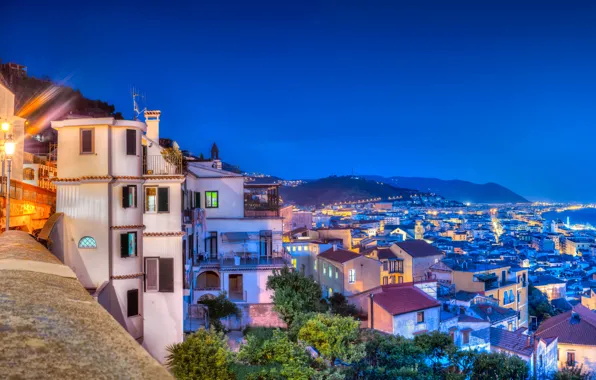 Картинка море, побережье, здания, Италия, панорама, ночной город, Italy, Campania, Amalfi Coast, Salerno, Салерно, Gulf of …