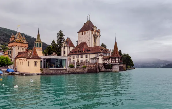 Картинка озеро, замок, Швейцария, Switzerland, Lake Thun, Замок Оберхофен, озеро Тун, Oberhofen Castle