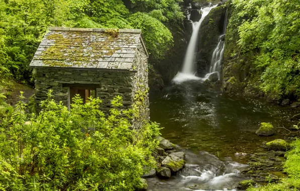 Картинка река, Англия, водопад, хижина, кусты, England, Lake District, Rydal Hall Waterfall