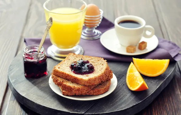 Картинка кофе, еда, завтрак, сок, хлеб, цитрус, джем, тосты, апельсиновый