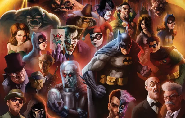 Картинка арт, Batman, персонажи, Женщина кошка, Пингвин, DC Comics, Робин, Ядовитый Плющ
