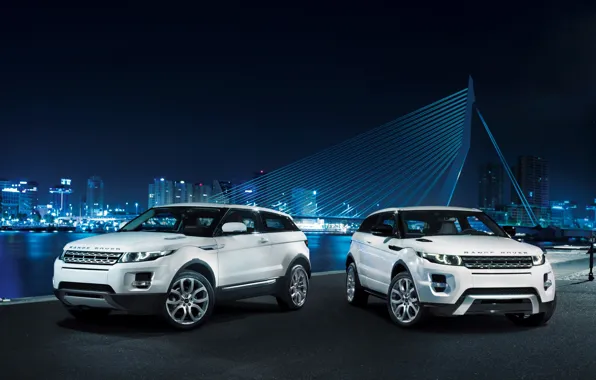 Картинка белый, мост, купе, Land Rover, ночной город, range rover, coupe, передок, кроссовер, эвок, ленд ровер, …