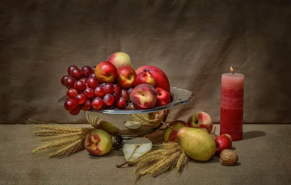 Картинка яблоки, свеча, орех, виноград, фрукты, натюрморт, груши