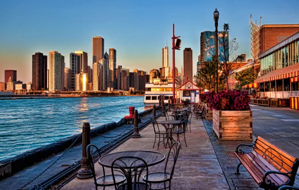 Картинка скамейка, рассвет, небоскреб, дома, залив, Chicago, сша, столик, Navy Pier