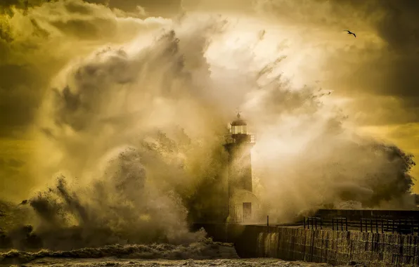 Картинка волны, брызги, шторм, природа, маяк