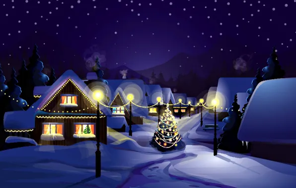 Картинка зима, снег, пейзаж, ночь, природа, праздник, елка, дома, Новый Год, Рождество, Christmas, New Year, елочные