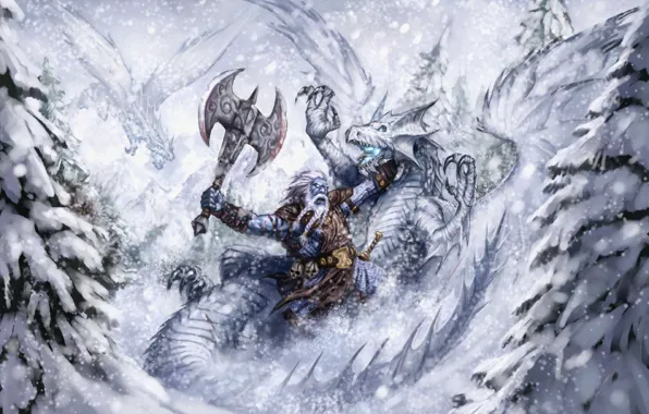 Картинка зима, фентези, дракон, воин, битва, runelords