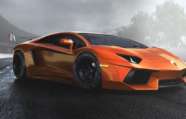Картинка Lamborghini, Orange, Sun, Tuning, LP700-4, Aventador, Supercar, Wheels, Track, Spoiler, DRAG, Italiano