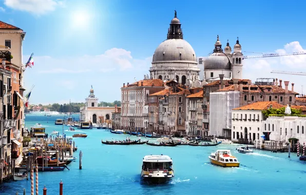 Картинка море, небо, солнце, облака, город, лодки, Италия, Венеция, собор, канал, архитектура, гондолы, Venice, Гранд-канал, Canal …