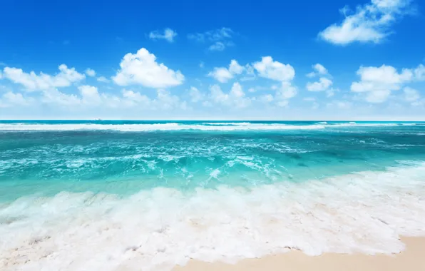Картинка песок, море, волны, небо, вода, облака, пейзаж, природа, океан, берег, побережье