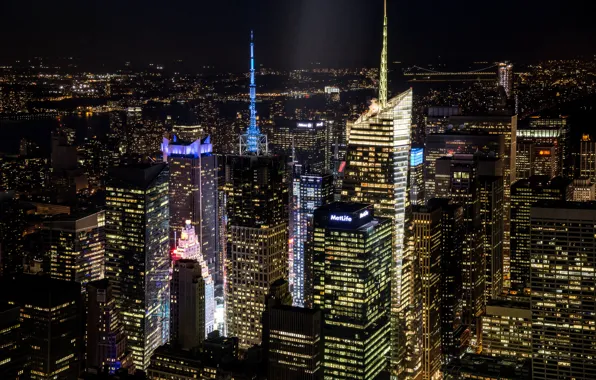Картинка свет, ночь, город, здания, дома, Нью-Йорк, небоскребы, освещение, панорама, USA, США, NYC, New York City