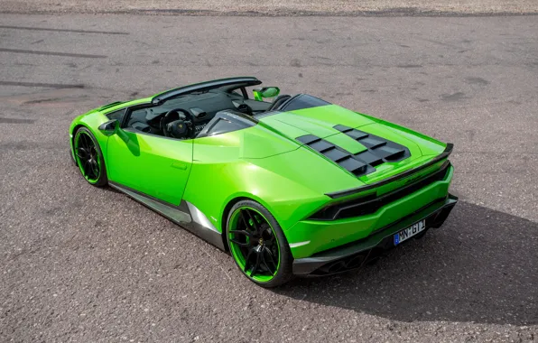 Картинка авто, зеленый, Lamborghini, суперкар, Spyder, задок, выхлопы, Novitec, Torado, Huracan