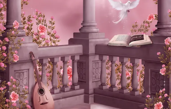 Картинка цветы, музыка, голубь, розы, music, колонны, книга, гирлянды, flowers, book, dove, roses, pigeon, лютня, columns, …