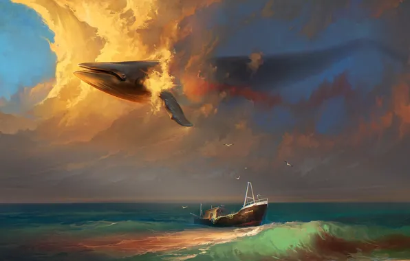 Картинка море, волны, небо, облака, птицы, сюрреализм, корабль, чайки, арт, кит