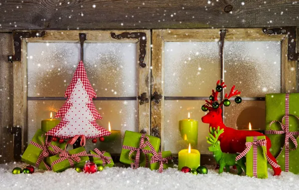 Картинка зима, снег, украшения, праздник, шары, елка, свечи, окно, Новый год, Happy New Year, balls, box, …
