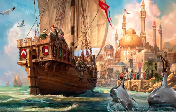 Картинка волны, корабль, пристань, чайки, дельфины, мечеть, Краски, путешествие, Anno 1404, торговля, прибытие