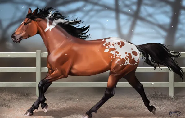 Картинка снег, конь, лошадь, забор, размытость, арт, пятна, aomori