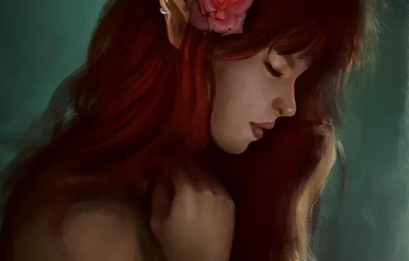 Картинка цветок, девушка, эльф, роза, арт, профиль, рыжая, эльфийка, уши