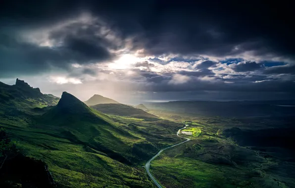 Картинка облака, пейзаж, горы, рассвет, холмы, Шотландия, Scotland, Great Britain
