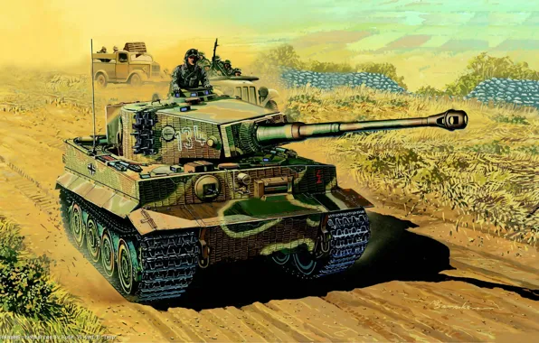Картинка тигр, война, рисунок, танк, Tiger, тяжелый, танкист, немецкий