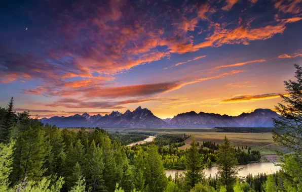 Картинка лес, небо, деревья, закат, горы, река, вечер, Вайоминг, сосны, USA, США, Wyoming, национальный парк, Гранд-Титон, …