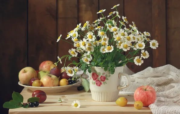Картинка цветы, яблоки, букет, фрукты, натюрморт, flowers, still life, bouquet