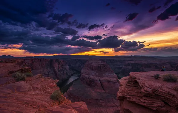 Картинка облака, пейзаж, закат, скалы, Колорадо, Аризона, США, Arizona, Гранд Каньон, Colorado, Horseshoe bend