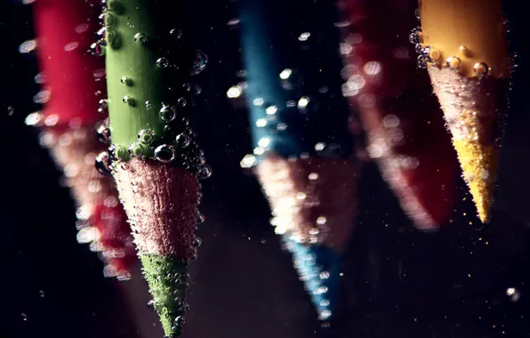 Картинка вода, макро, пузырьки, пузыри, карандаши, под водой, colours, under water