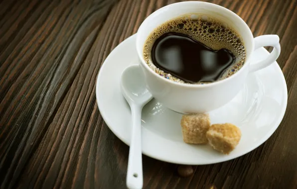 Картинка макро, фон, обои, кофе, сахар, чашка с кофе, стол.ложка