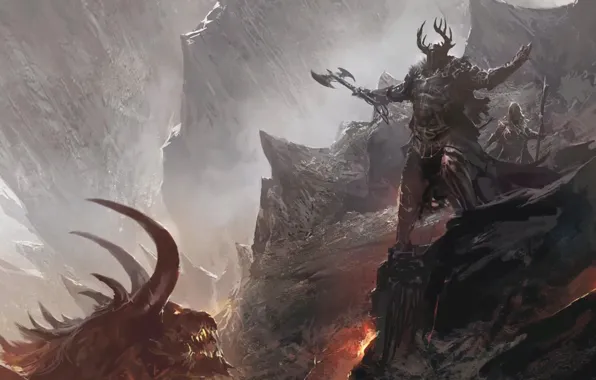 Картинка горы, демон, лава, шлем, топор, воины, рогатый