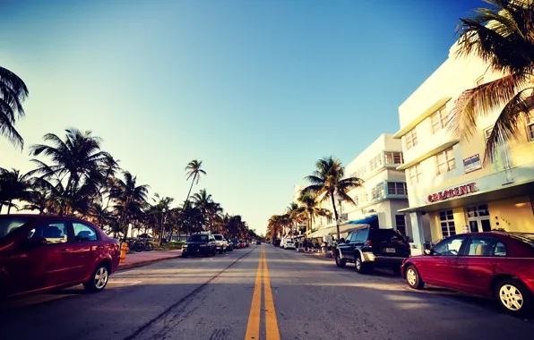 Картинка дорога, авто, небо, пальмы, улица, Майами, Флорида, Miami, florida, отели, vice city, South Beach