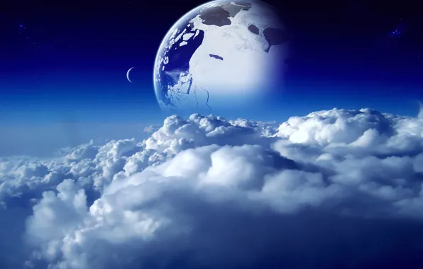 Картинка небо, космос, облака, синий, голубой, луна, планета, space, moon, sky, blue, clouds, planet